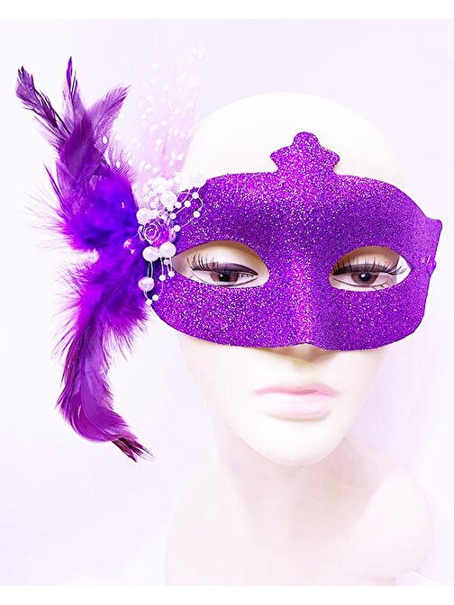 Sim İşlemeli İnci Boncuk Detaylı Tüylü Balo Maskesi Mor Renk 13 x 18 cm 3877