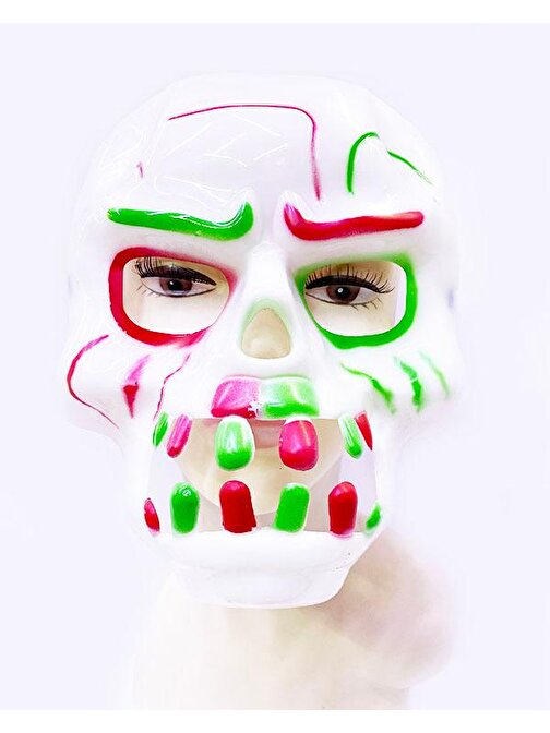 Beyaz Üzeri Rengarenk Korku Dişli Kafatası Maskesi 30x22 cm (3877)