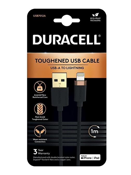 Duracell 1m Lightning to USB-A Örgülü Şarj Kablosu - Siyah