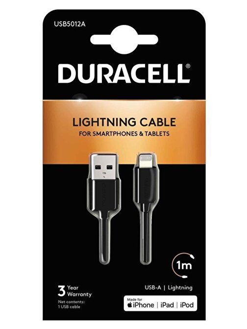 Duracell Apple Lightning to USB-A Type-C Hızlı Şarj Kablosu 1 m Siyah