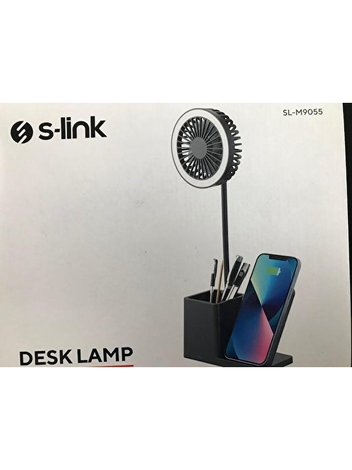 S-Link Sl-M9055 Siyah Typec 10W Kablosuz Şarj Cihazı Fanlı Kalemlikli Masa Lambası