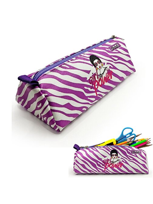 Kalem Kutusu Zebra Super Girl Kalemlik Üçgen Kalemkutu Vegan Deri Kalemlik- Mor