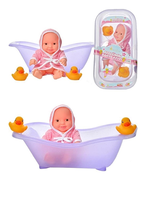 Global Toys - Gl100316 Roza Bebeğimin Banyo Keyfi Küvetli-Ördekli Bornoz Setli Et Bebek Küvetlibebek