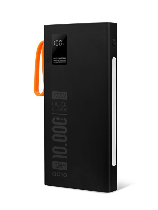 Powerway QC10 10000 mAh USB Type-C Pd 22.5 W Dahili Kablolu Hızlı Şarj Powerbank Siyah