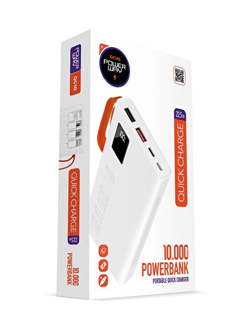 Powerway QC10 30000 mAh USB Type-C Pd 22.5 W Dahili Kablolu Hızlı Şarj Powerbank Beyaz