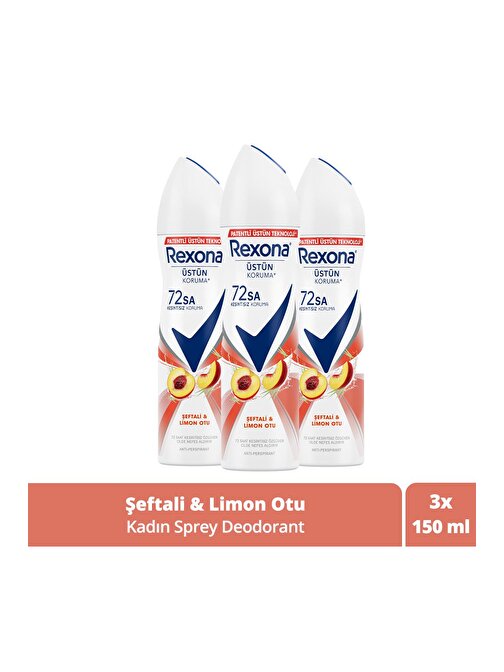 Rexona Kadın Sprey Deodorant Şeftali & Limon Otu 72 Saat Kesintisiz Üstün Koruma 150 ml x3