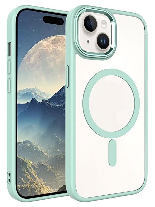 Musal iPhone 15 Kılıf Renkli Kenar Şeffaf Kamera Çevresi Metal Magsafe TPU Silikon