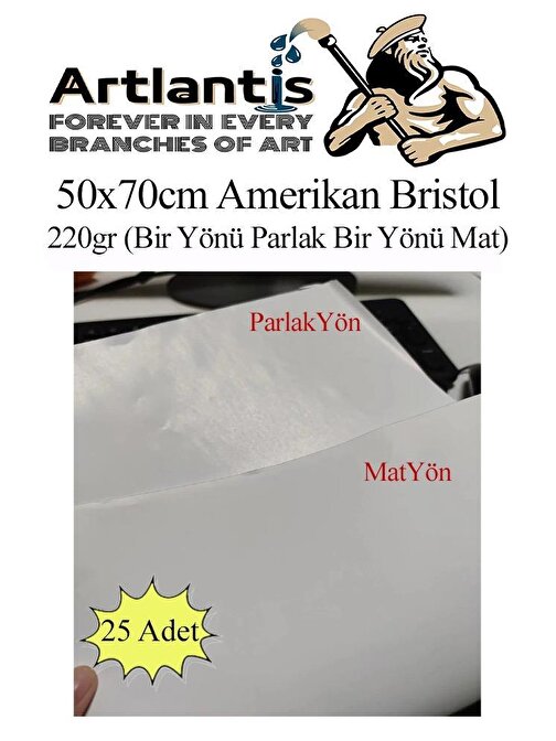Amerikan Bristol 220 gr 50x70 B2 25'Li Bir Tarafı Parlak Bir Tarafı Mat Kağıt Beyaz