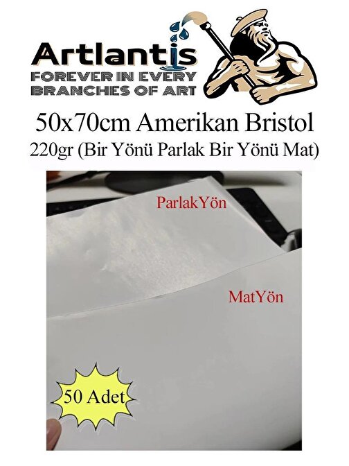 Amerikan Bristol 220 gr 50x70 B2 50 Adet Bir Tarafı Parlak Bir Tarafı Mat Kağıt Beyaz