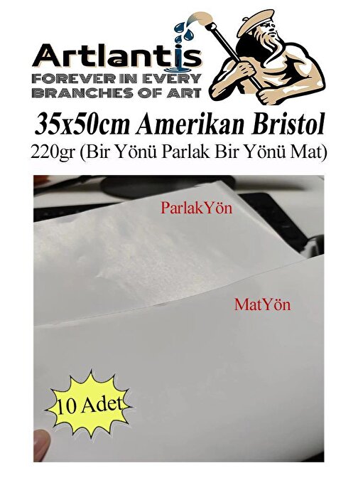 Amerikan Bristol 220 gr 35x50 B3 10 Adet Bir Tarafı Parlak Bir Tarafı Mat Kağıt Beyaz