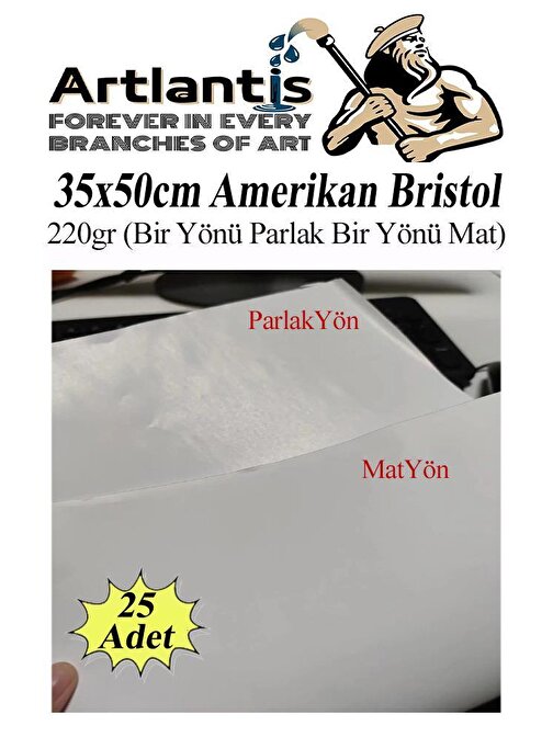 Amerikan Bristol 220 gr 35x50 B3 25'Li Bir Tarafı Parlak Bir Tarafı Mat Kağıt Beyaz