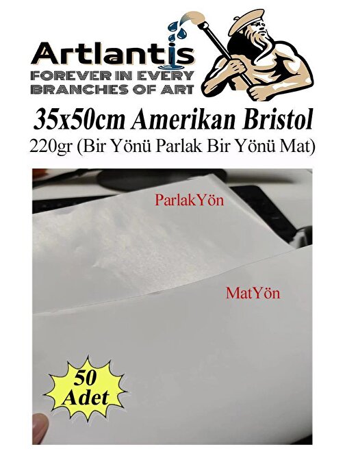 Amerikan Bristol 220 gr 35x50 B3 50 Adet Bir Tarafı Parlak Bir Tarafı Mat Kağıt Beyaz