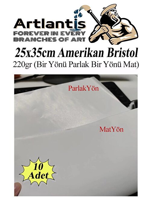 Amerikan Bristol 220 gr 25x35 B4 10 Adet Bir Tarafı Parlak Bir Tarafı Mat Kağıt Beyaz