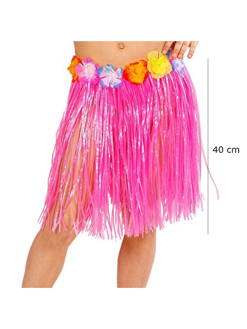 peanelife Yetişkin ve Çocuk Uyumlu Pembe Renk Püsküllü Hawaii Luau Hula Etek 40 cm