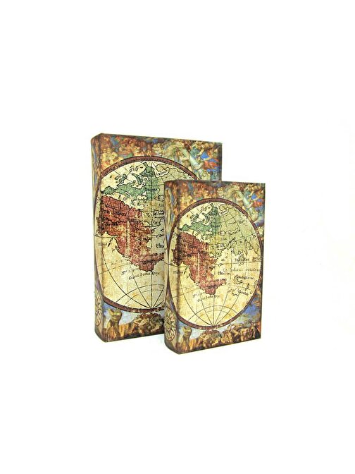 Peanelife Kutu Kitap Harita 2'Li Set Kitap Kutusu Dekoratif Hediyelik