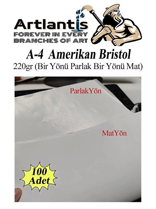 Amerikan Bristol 220 gr 21x29.7 A4 100 Adet Bir Tarafı Parlak Bir Tarafı Mat Kağıt Beyaz