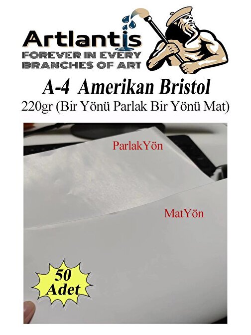 Amerikan Bristol 220 gr 21x29.7 A4 50 Adet Bir Tarafı Parlak Bir Tarafı Mat Kağıt Beyaz