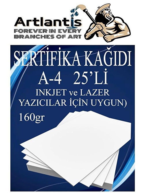 Artlantis A4 Tüm Yazıcılara Uyumlu 21x29.7 cm  gramajlı Kalın Baskı - Sertifika Fotokopi Kağıdı Beyaz 25 Adet 160  gr