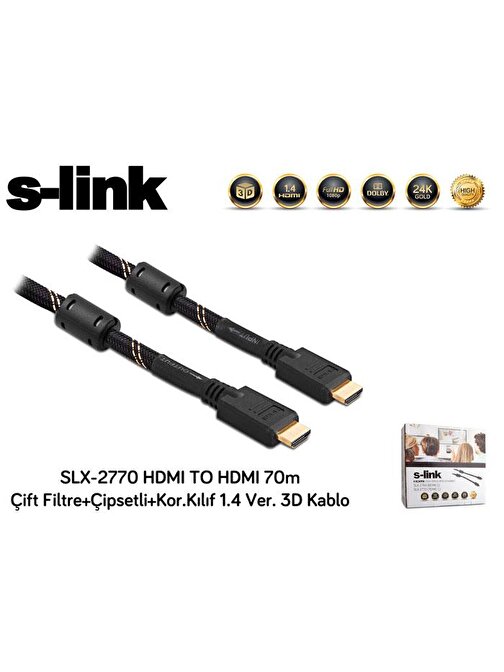 S-link SLX-2770 60 hz HDMI Kablo 70m Çift Filtre+Çipsetli+Kor.Kılıf 1.4 Ver. 3D Kablo