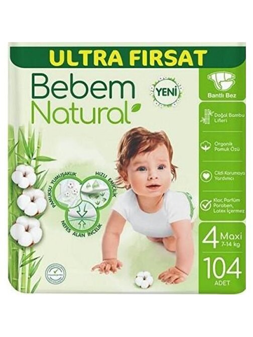 Bebem Natural 4 Numara Ultra Fırsat Paketi Bebek Bezi 104 Adet