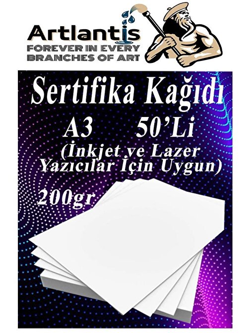 Artlantis A3 Tüm Yazıcılara Uyumlu 29.7x42 cm  gramajlı Kalın Baskı - Sertifika Fotokopi Kağıdı Beyaz 50 Adet 200  gr