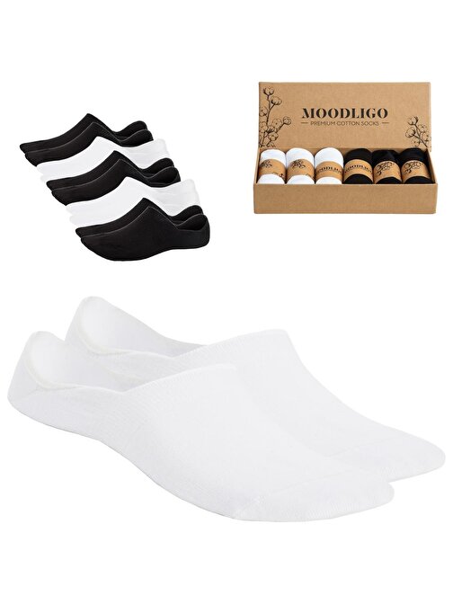 Moodligo Kadın 6'Lı Premium Pamuk Görünmez Spor Çorap (Babet Çorap) - 3 Siyah 3 Beyaz - Kutulu 36-40