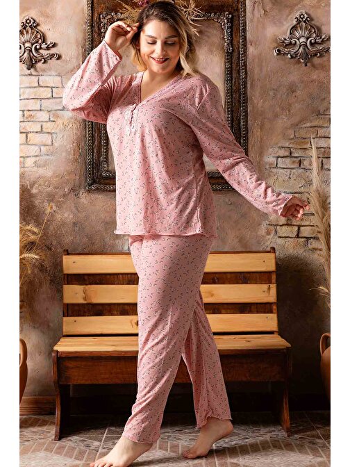 Bambu Düğmeli Battal Büyük Beden Kadın Pijama Takımı