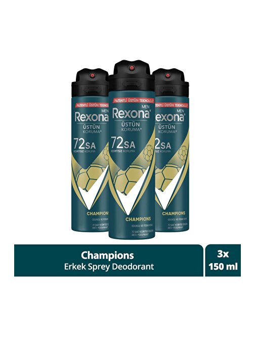 Rexona Men Erkek Sprey Deodorant Champions 72 Saat Kesintisiz Üstün Koruma 150 ml x3