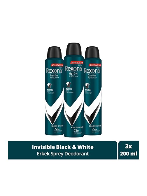 Rexona Men Erkek Sprey Deodorant Invisible Black & White 72 Saat Kesintisiz Üstün Koruma 200 ml x3