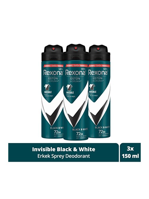 Rexona Men Erkek Sprey Deodorant Invisible Black & White 72 Saat Kesintisiz Üstün Koruma 150 ml x3