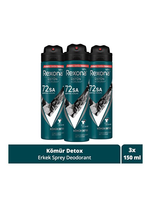 Rexona Men Erkek Sprey Deodorant Kömür Detox 72 Saat Kesintisiz Üstün Koruma 150 ml x3