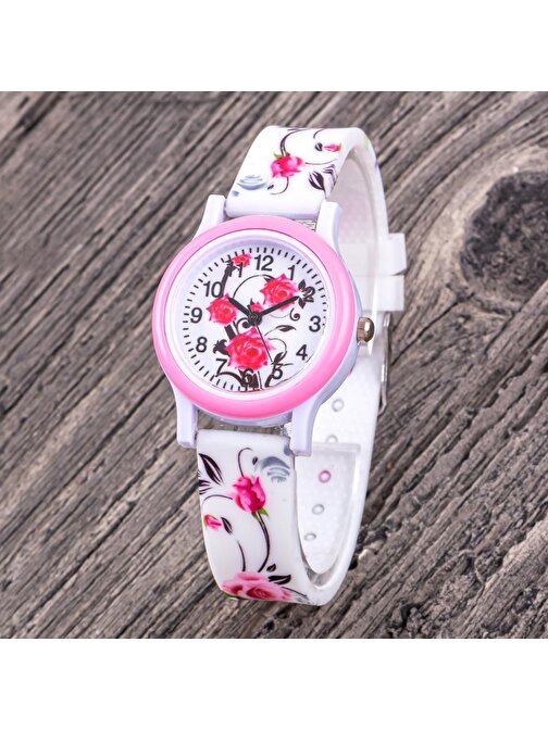 Pinkoli Çiçek Figürlü Pembe Renk Kız Çocuk Saati Beyaz Silikon Kordon Rakamlı Hediyelik Saat