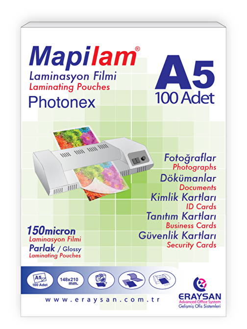 Mapilam A5 Parlak Laminasyon Filmi 150 Mikron 100 Adet Photonex
