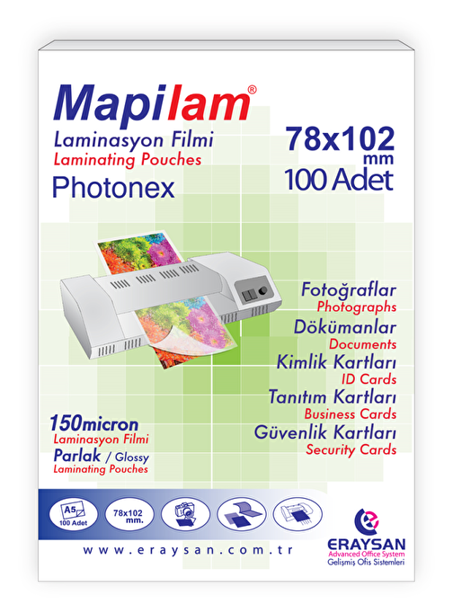 Mapilam Parlak Laminasyon Filmi 150 Mikron 78 x 102 mm 100 Adet Photonex