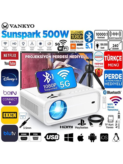 Vankyo Sunspark 500W 5G Wi-Fi + 5.1 Bluetooth 1080P Destekli Projeksiyon Cihazi - Lcd Led - 240 Inç Yansitma - Dahili Hoparlör - Tv Stick-Ps5-Hdmı-Usb-Vga-Av