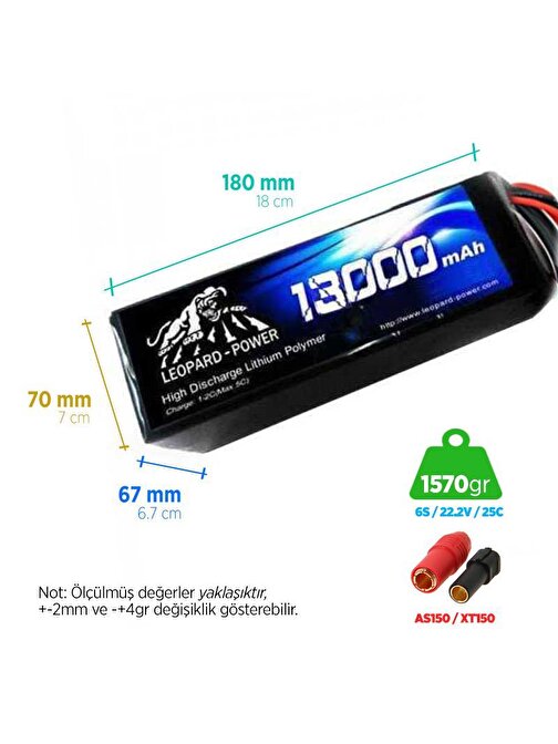 Leopard Power Yüksek Deşarj 13000 mAh 22.2V 6S 25C Uav - Multirotor Lityum Polimer Lipo Batarya Pil XT150 Plug