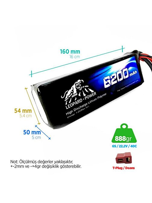 Leopard Power Yüksek Deşarj 6200 mAh 22.2V 6S 40C Lityum Polimer Lipo Batarya Pil T Plug