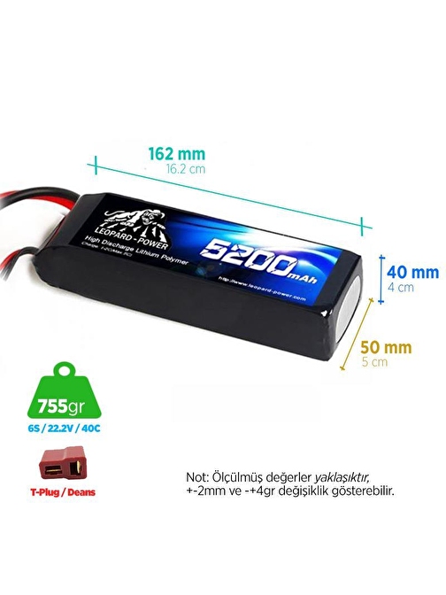 Leopard Power Yüksek Deşarj 5200 mAh 22.2V 6S 40C Lityum Polimer Lipo Batarya Pil T Plug