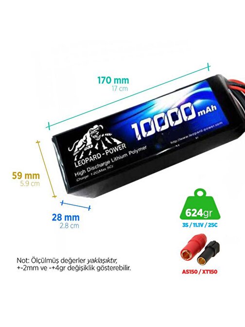 Leopard Power Yüksek Deşarj 10000 mAh 11.1V 3S 25C Uav - Multirotor Lityum Polimer Lipo Batarya Pil