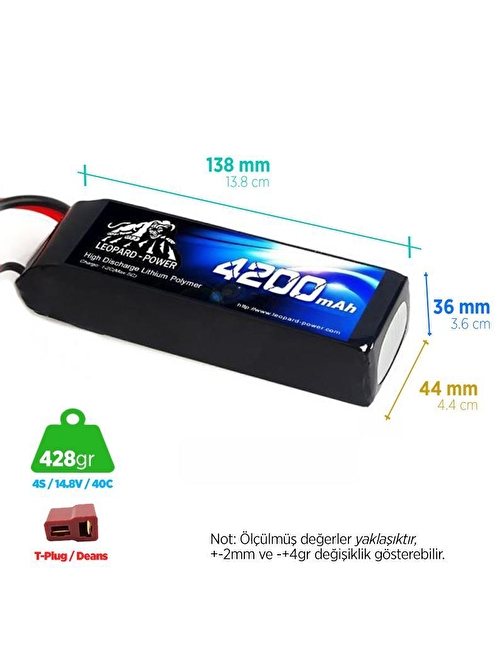 Leopard Power Yüksek Deşarj 4200 mAh 14.8V 4S 40C Lityum Polimer Lipo Batarya Pil T Plug