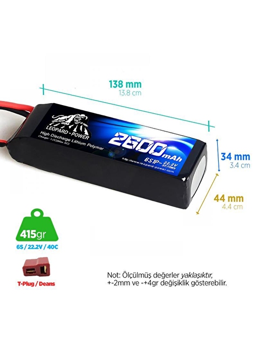 Leopard Power Yüksek Deşarj 2600 mAh 22.2V 6S 40C Lityum Polimer Lipo Batarya Pil T Plug