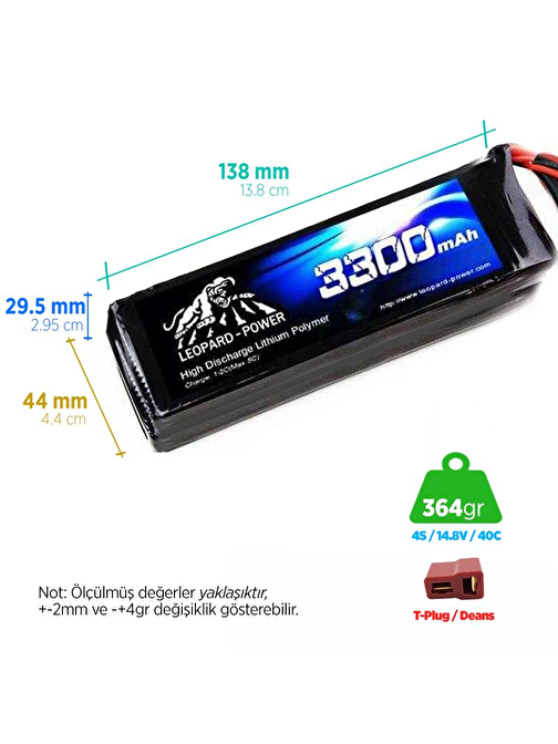 Leopard Power Yüksek Deşarj 3300 mAh 14.8V 4S 40C Lityum Polimer Lipo Batarya Pil T Plug