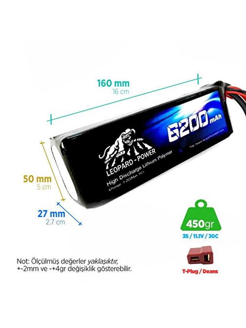 Leopard Power Yüksek Deşarj 6200 mAh 11.1V 3S 30C Lityum Polimer Lipo Batarya Pil T Plug