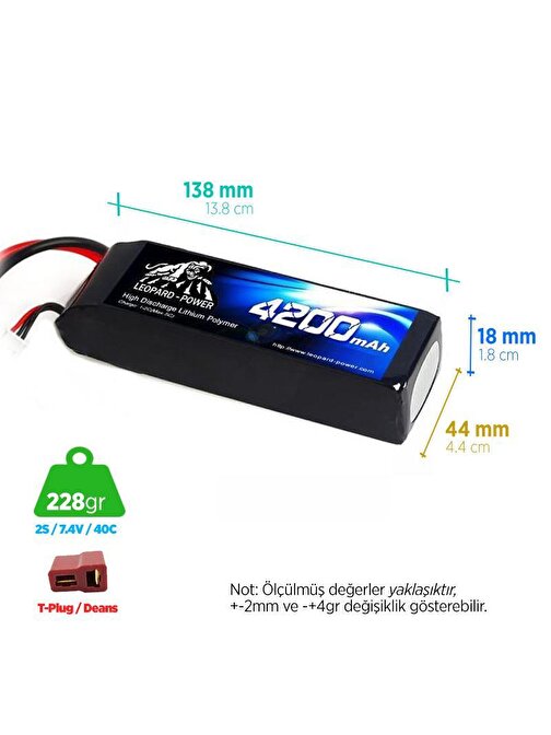 Leopard Power Yüksek Deşarj 4200 mAh 7.4V 2S 40C Lityum Polimer Lipo Batarya Pil T Plug