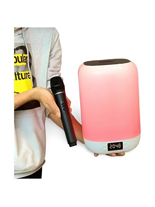 Cosmostech MS8K Büyük Çift Mikrofon Karaoke- RGB Aydınlatma- Alarm Saat- Uyku Modlu Yüksek Ses Çözünürlüklük Taşınabilir Bluetooth Hoparlör Beyaz