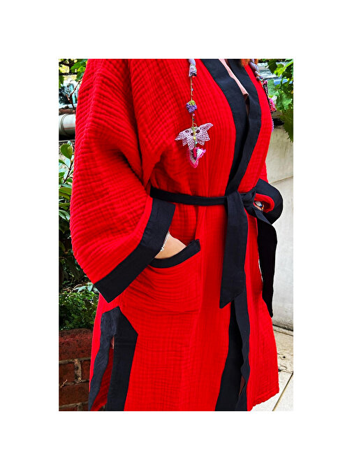 Vaooow I'M Ook 4 Kat Müslin Kumaş Kırmızı Siyah Bornoz Kimono Sabahlık Mevsimlik Uzun Hırka Standart