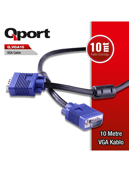 QPORT Q-VGA10 15 Pinli Erkek-Erkek Filtreli VGA Monitör Kablosu 100 M