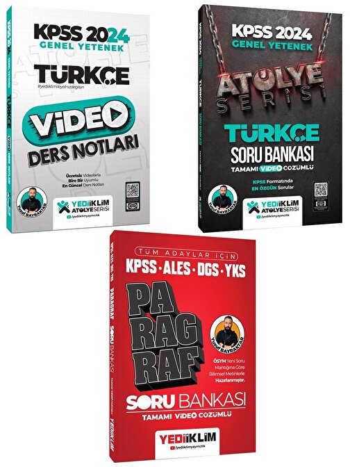 Yediiklim Yayınları Yediiklim 2024 KPSS Atölye Serisi Türkçe Video + Soru + Paragraf Soru Bankası Seti 3 Kitap