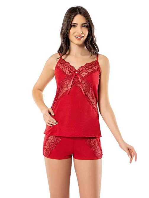 Kadın Kırmızı Çapraz Dantelli Şortlu Takım Ev Giyim Pijama Gecelik 6339