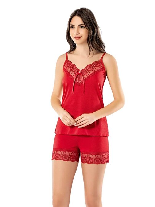 Kadın Kırmızı Şortlu Takım Ev Giyim Gecelik Dantelli Pijama Uyku Kıyafeti 6341